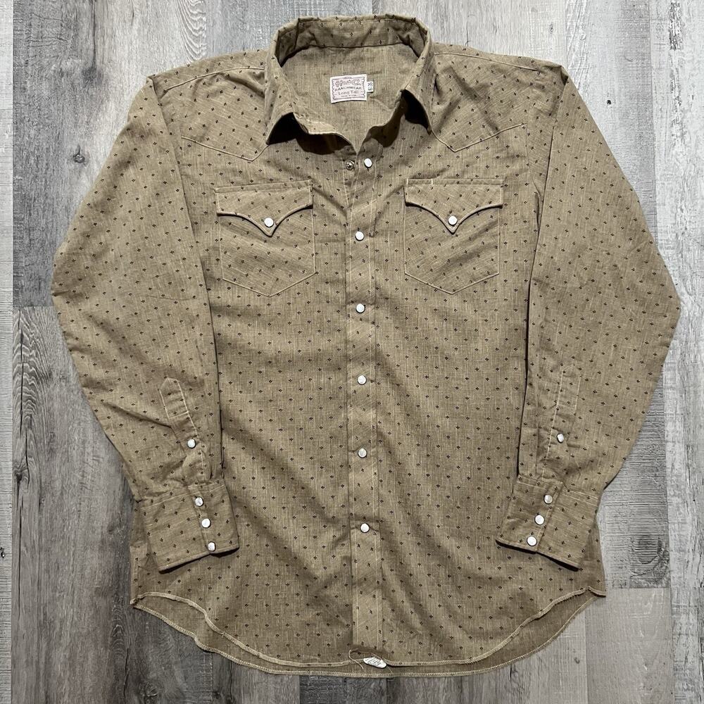 Vintage H Bar C Beige Fleur-de-lis Calico Style Pearl Snap Western Shirt 16 1/2